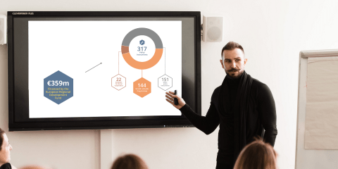 a man presenting facts and figures of the programme Interreg Europe on a screen in front of a audience